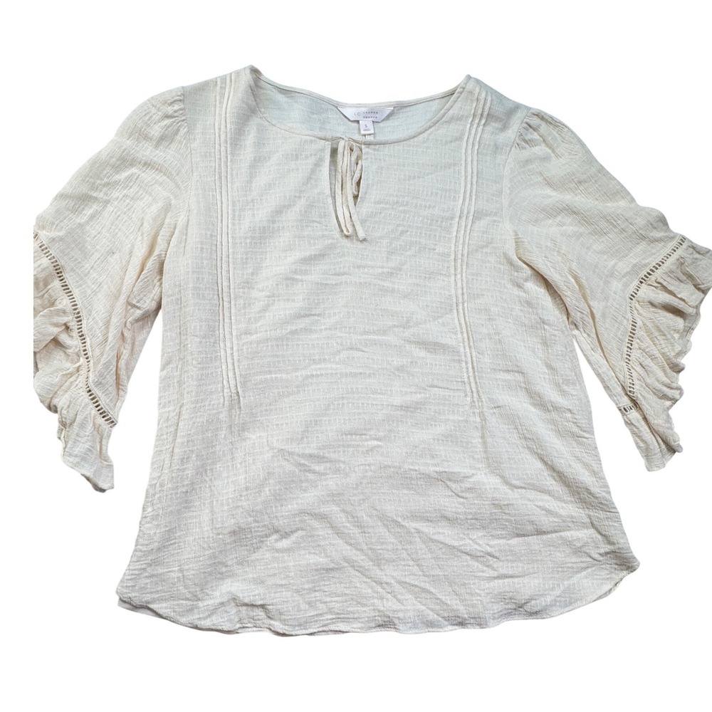 Lauren Conrad Cream Boho Gauze Blouse Bell Sleeve Lace Trim Small cottage core